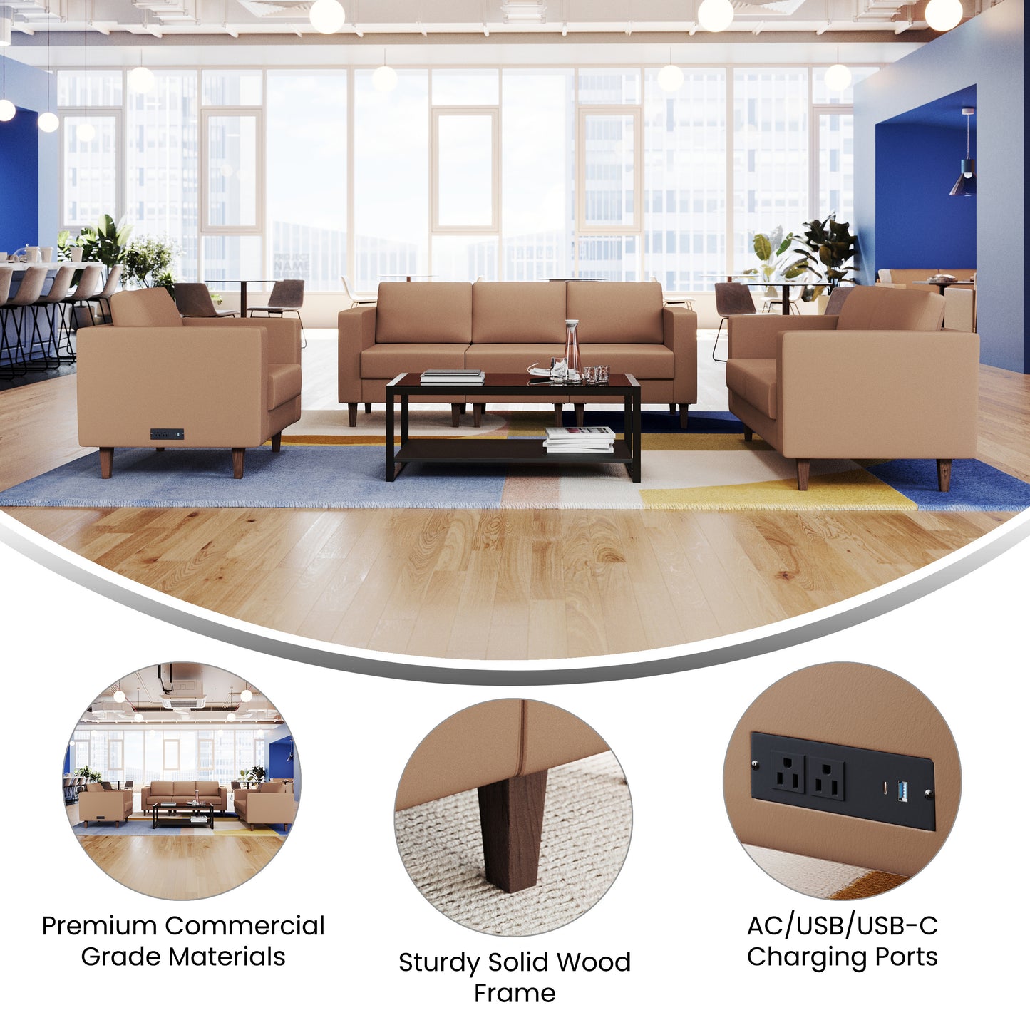 HERCULES Artemis 3 Piece Cognac LeatherSoft Reception Set, 8 AC Outlets/4 USB/4 USB-C Ports and Solid Walnut Wood Legs with Adjustable Floor Glides
