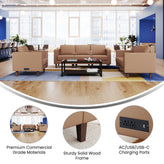 HERCULES Artemis 3 Piece Cognac LeatherSoft Reception Set, 8 AC Outlets/4 USB/4 USB-C Ports and Solid Walnut Wood Legs with Adjustable Floor Glides
