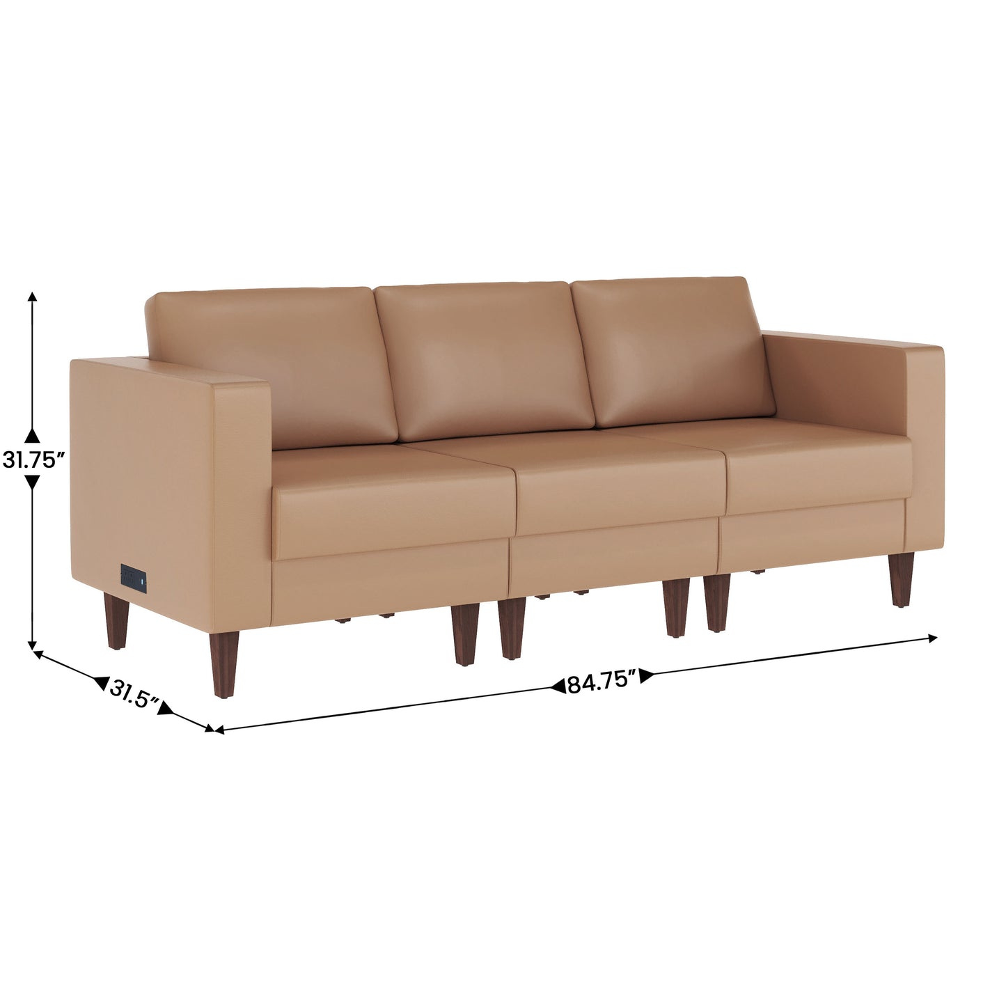 HERCULES Artemis 3 Piece Cognac LeatherSoft Reception Set, 8 AC Outlets/4 USB/4 USB-C Ports and Solid Walnut Wood Legs with Adjustable Floor Glides