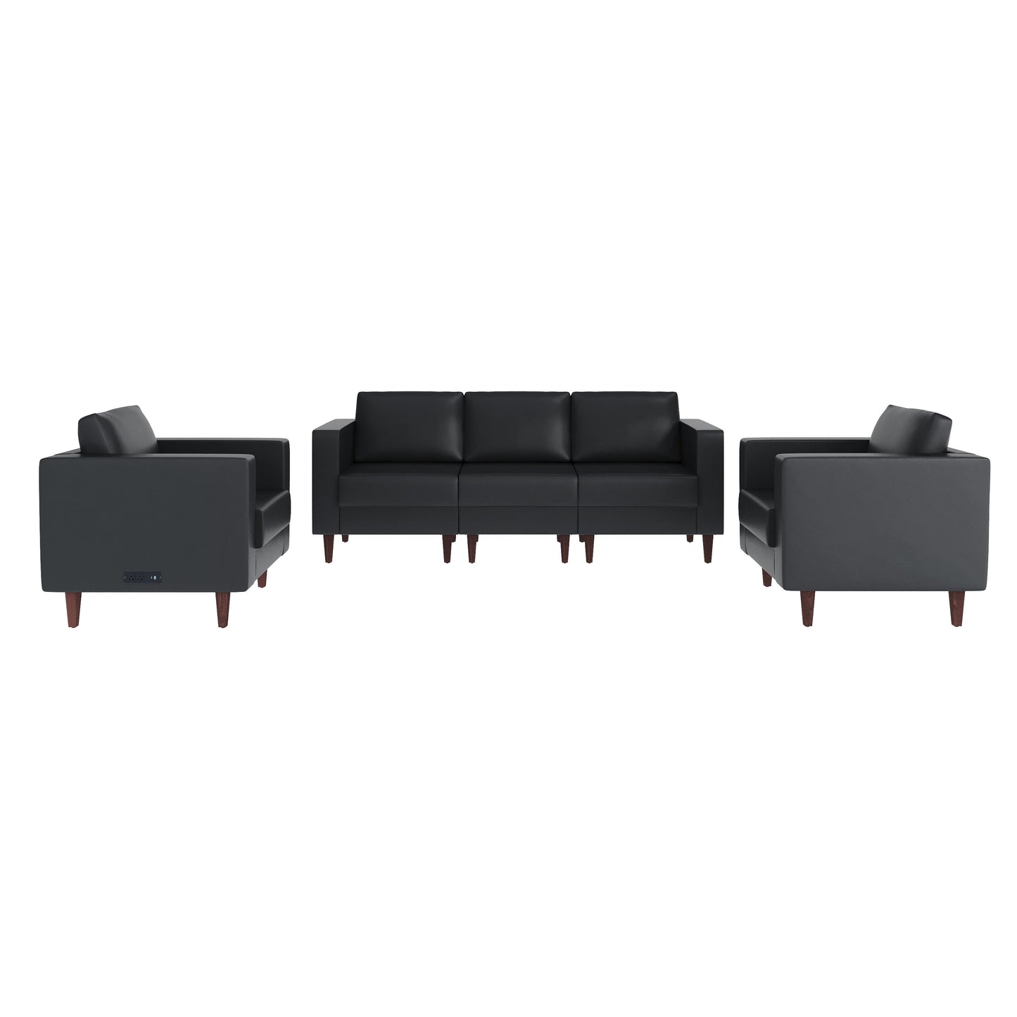 HERCULES Artemis 3 Piece Black LeatherSoft Sofa and 2 Chair Set, 8 AC Outlets/4 USB/4 USB-C Ports, Solid Wood Walnut Legs with Adjustable Glides