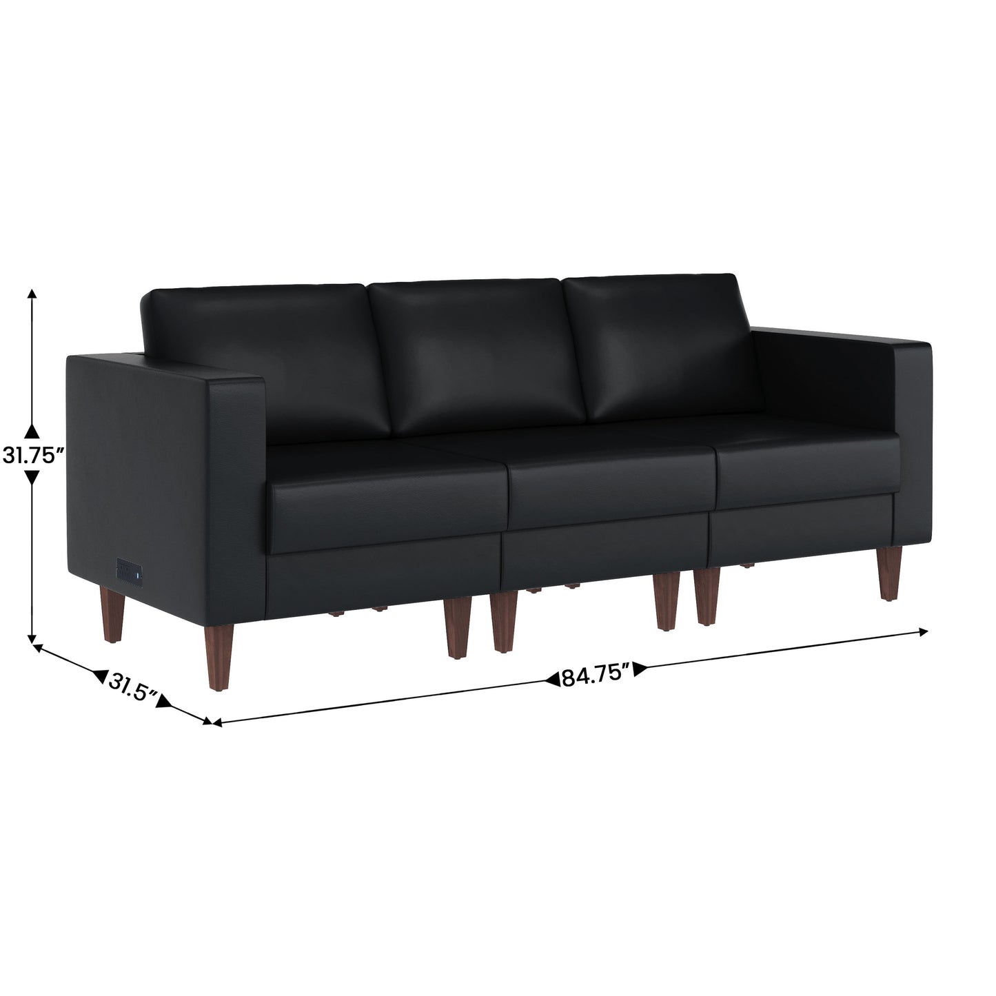 HERCULES Artemis 3 Piece Black LeatherSoft Sofa and 2 Chair Set, 8 AC Outlets/4 USB/4 USB-C Ports, Solid Wood Walnut Legs with Adjustable Glides