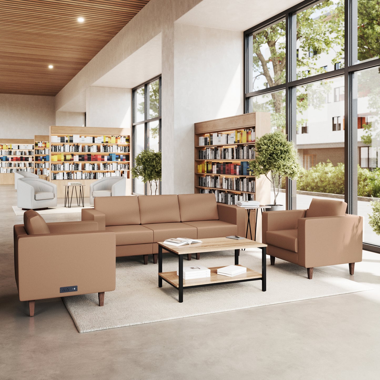 HERCULES Artemis 3 Piece Cognac LeatherSoft Sofa and 2 Chair Set, 8 AC Outlets/4 USB/4 USB-C Ports, Solid Wood Walnut Legs with Adjustable Glides