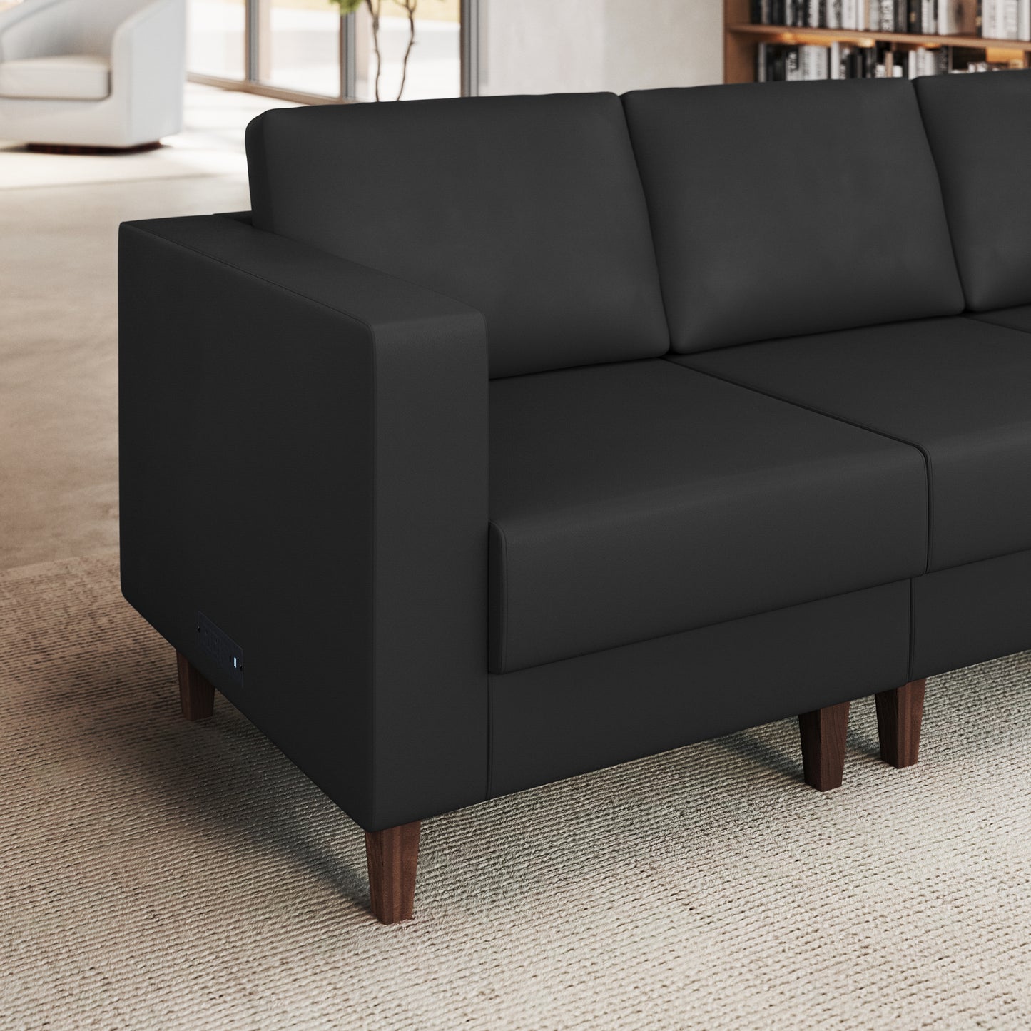 HERCULES Artemis Black LeatherSoft Left Arm Reception Chair, 2 AC Outlets/1 USB/1 USB-C Ports and Wooden Walnut Legs with Adjustable Floor Glides