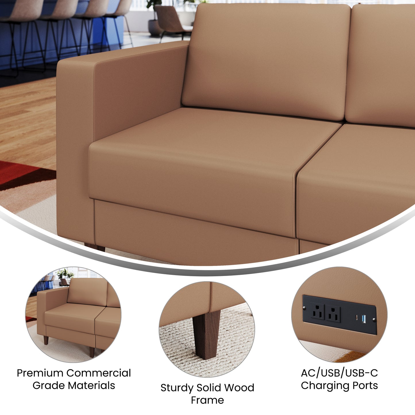 HERCULES Artemis Cognac LeatherSoft Left Arm Reception Chair, 2 AC Outlets/1 USB/1 USB-C Ports and Wooden Walnut Legs with Adjustable Floor Glides