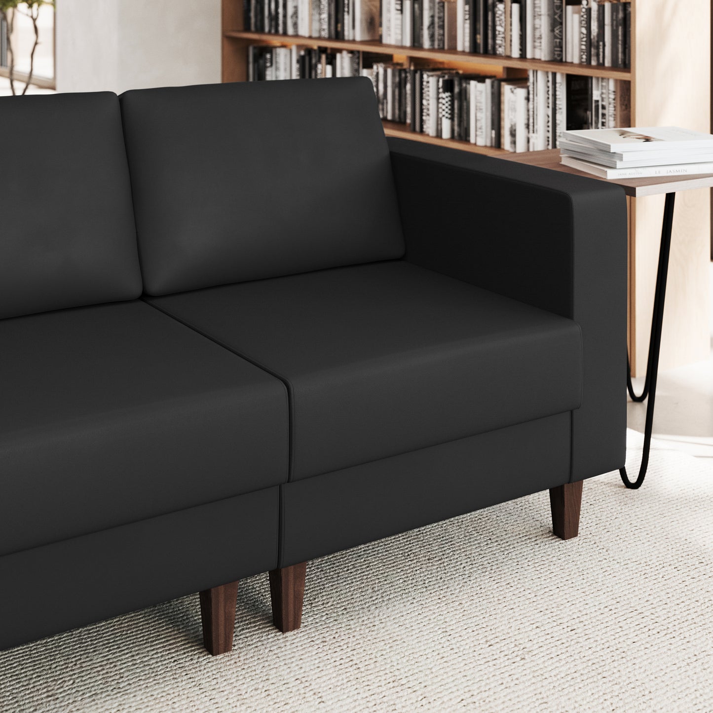 HERCULES Artemis Black LeatherSoft Right Arm Reception Chair, 2 AC Outlets/1 USB/1 USB-C Ports and Wooden Walnut Legs with Adjustable Floor Glides