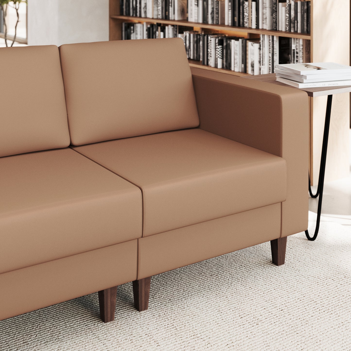 HERCULES Artemis Cognac LeatherSoft Right Arm Reception Chair, 2 AC Outlets/1 USB/1 USB-C Ports and Wooden Walnut Legs with Adjustable Floor Glides