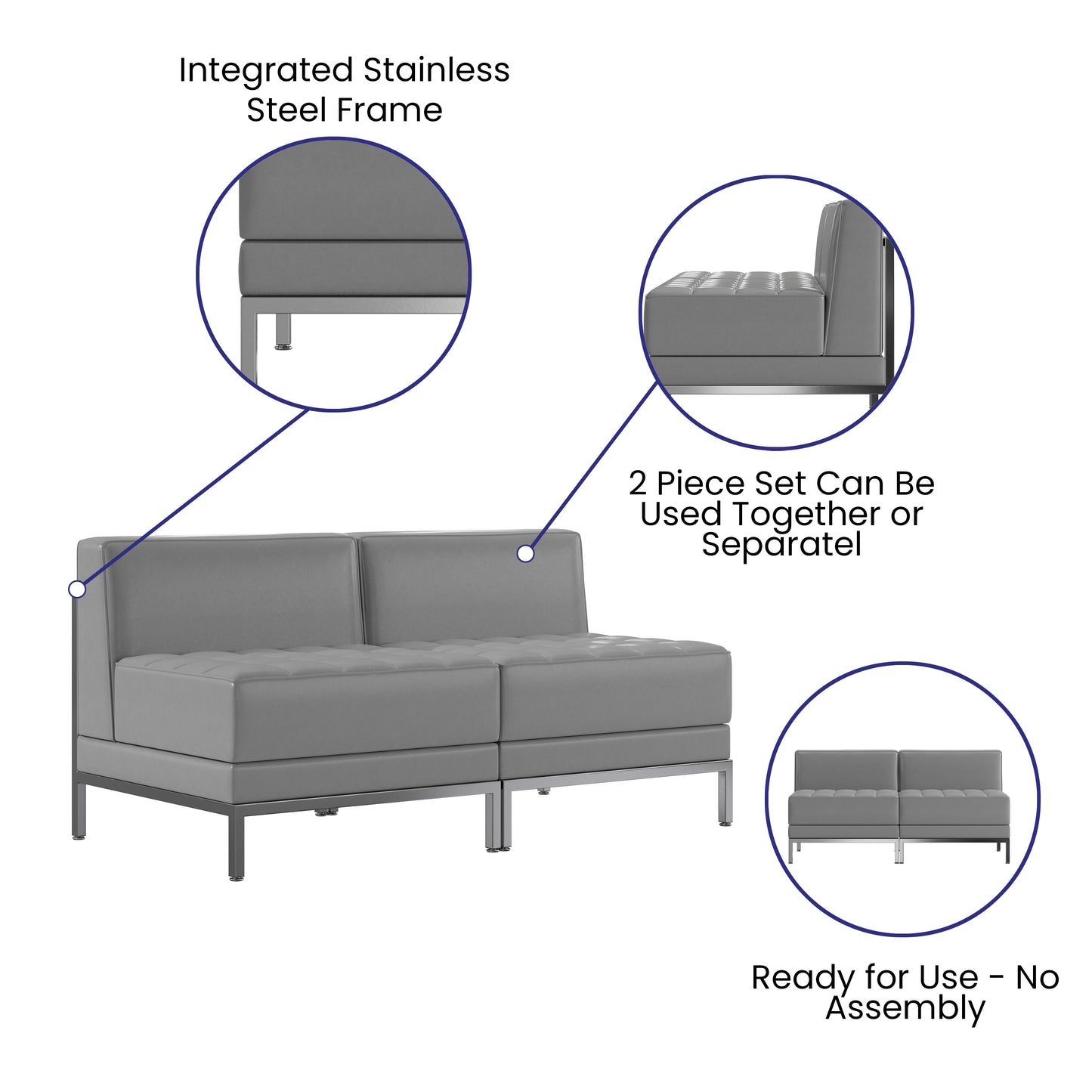 HERCULES Imagination Series 2 Piece Gray LeatherSoft Waiting Room Lounge Set with Ganging Clips - Reception Bench with Ganging Clips