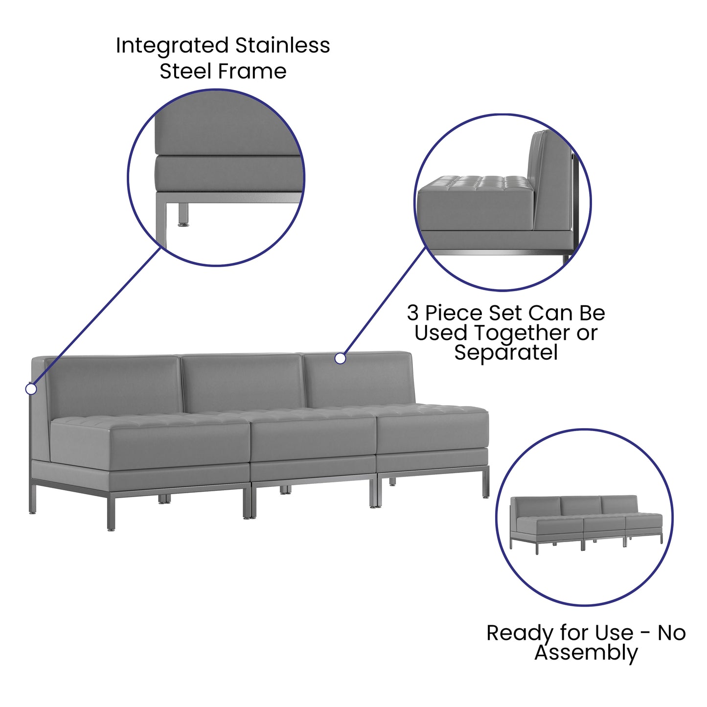HERCULES Imagination Series 3 Piece Gray LeatherSoft Waiting Room Lounge Set with Ganging Clips - Reception Bench with Ganging Clips