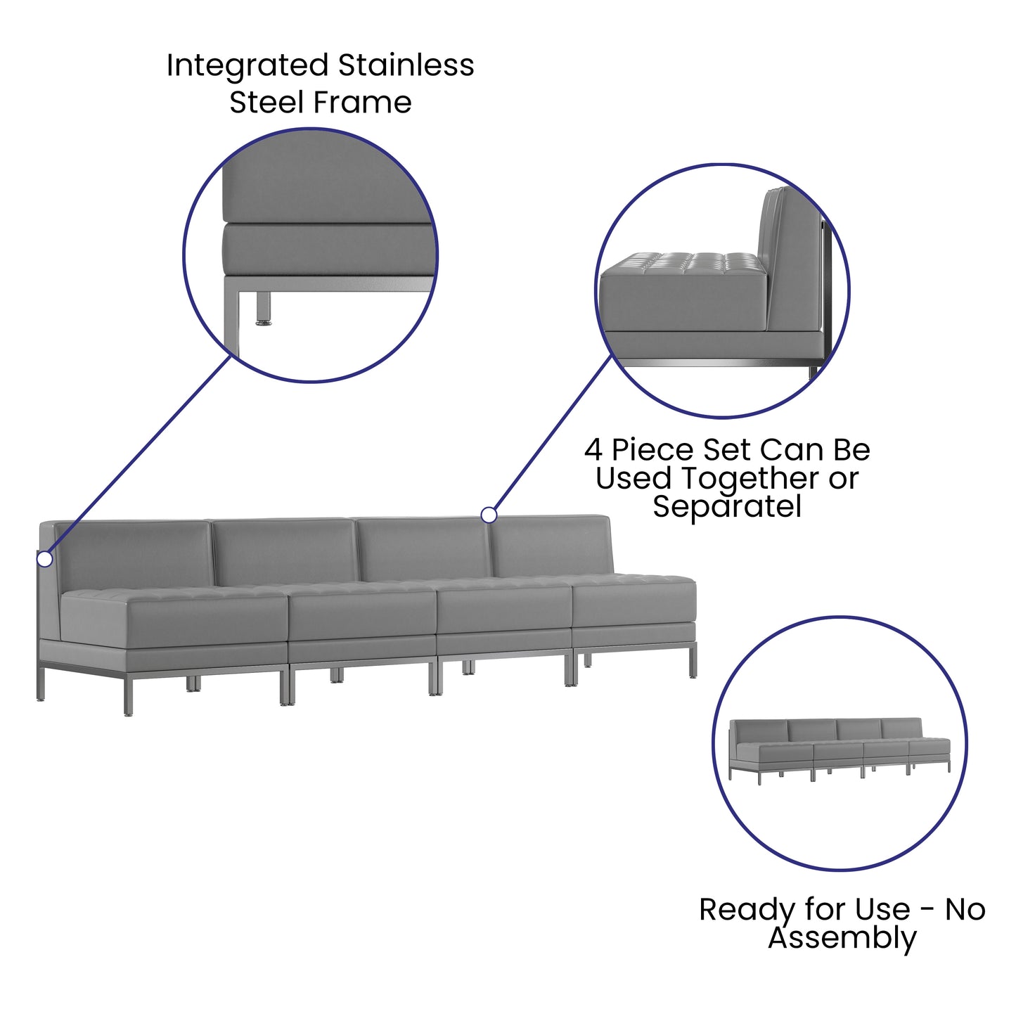 HERCULES Imagination Series 4 Piece Gray LeatherSoft Waiting Room Lounge Set with Ganging Clips - Reception Bench with Ganging Clips