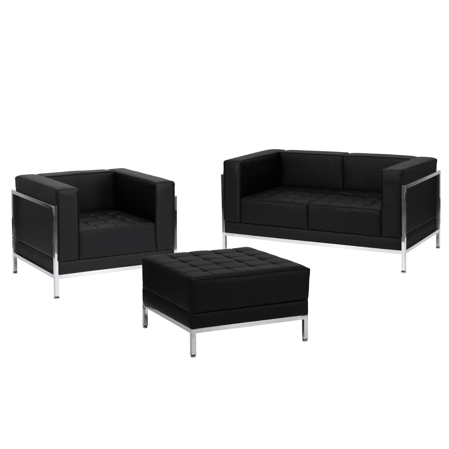 HERCULES Imagination Series Black LeatherSoft Loveseat, Chair & Ottoman Set with Ganging Clips