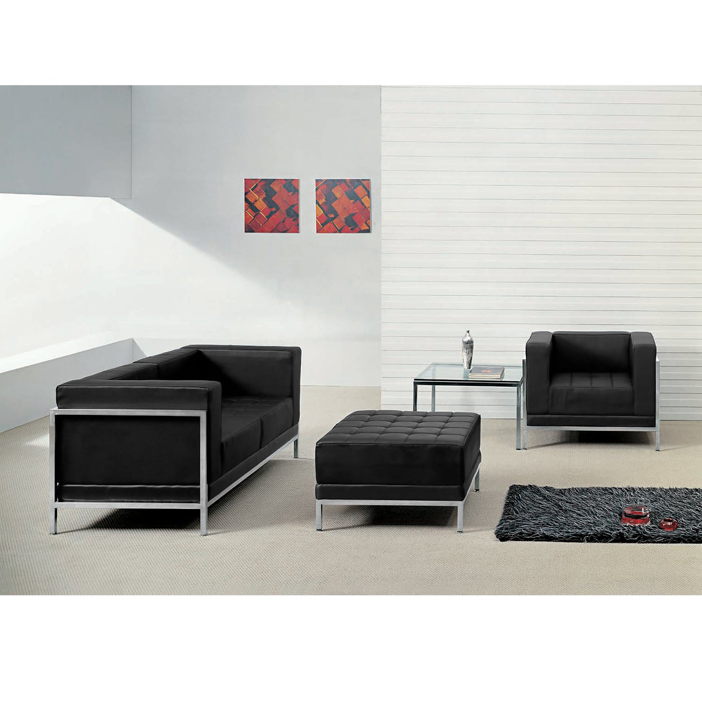 HERCULES Imagination Series Black LeatherSoft Loveseat, Chair & Ottoman Set with Ganging Clips