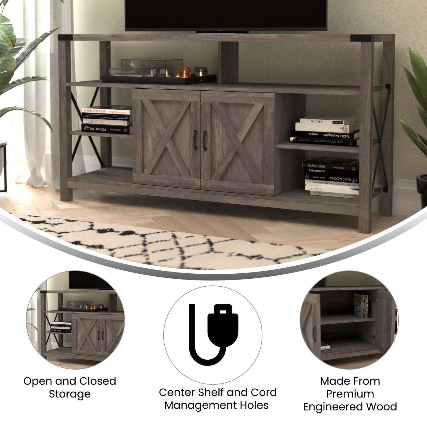 Wyatt 60" Modern Farmhouse Tall TV Console Cabinet with Storage Cabinets and Shelves for TV's up to 60", Gray Wash