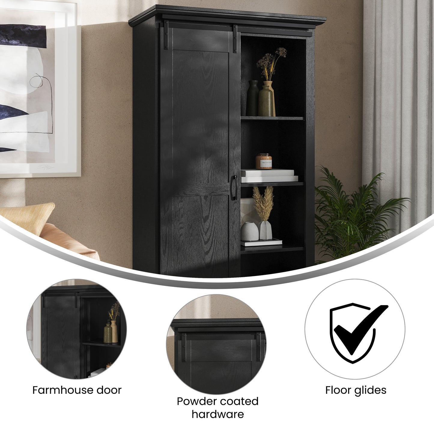 Harrison 36" Wide Rustic Farmhouse Storage Cabinet Bookcase with Sliding Barn Door and 4 Adjustable and 2 Fixed Shelves in Black