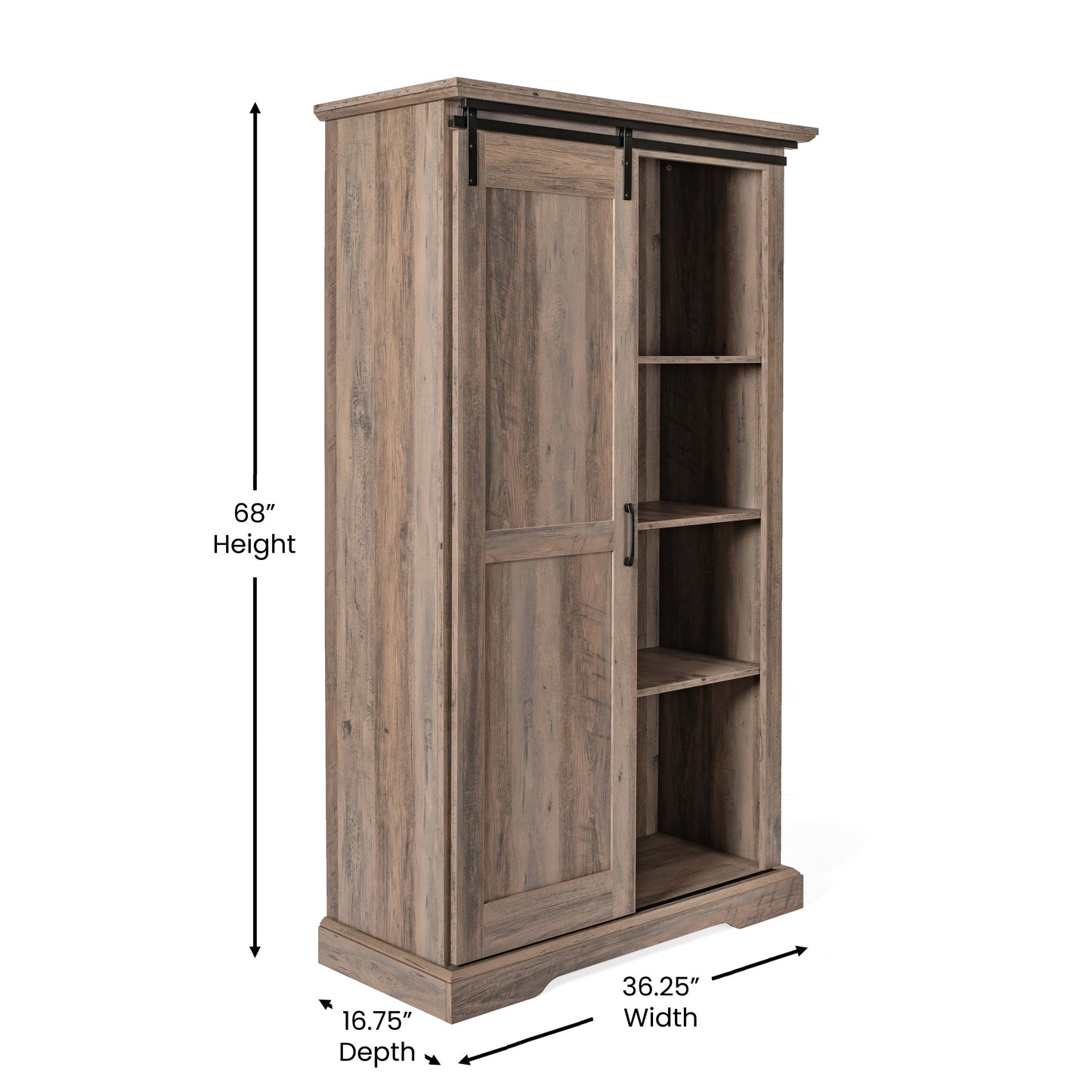 Harrison 36" Wide Rustic Farmhouse Storage Cabinet Bookcase with Sliding Barn Door and 4 Adjustable and 2 Fixed Shelves in Graywash
