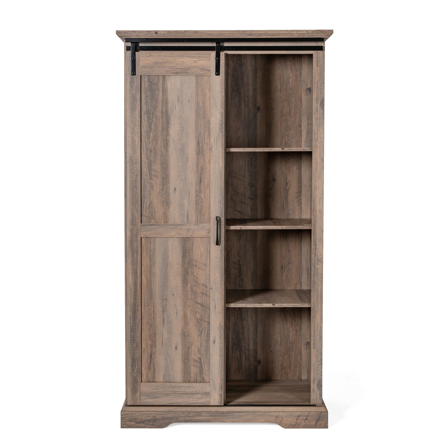 Harrison 36" Wide Rustic Farmhouse Storage Cabinet Bookcase with Sliding Barn Door and 4 Adjustable and 2 Fixed Shelves in Graywash