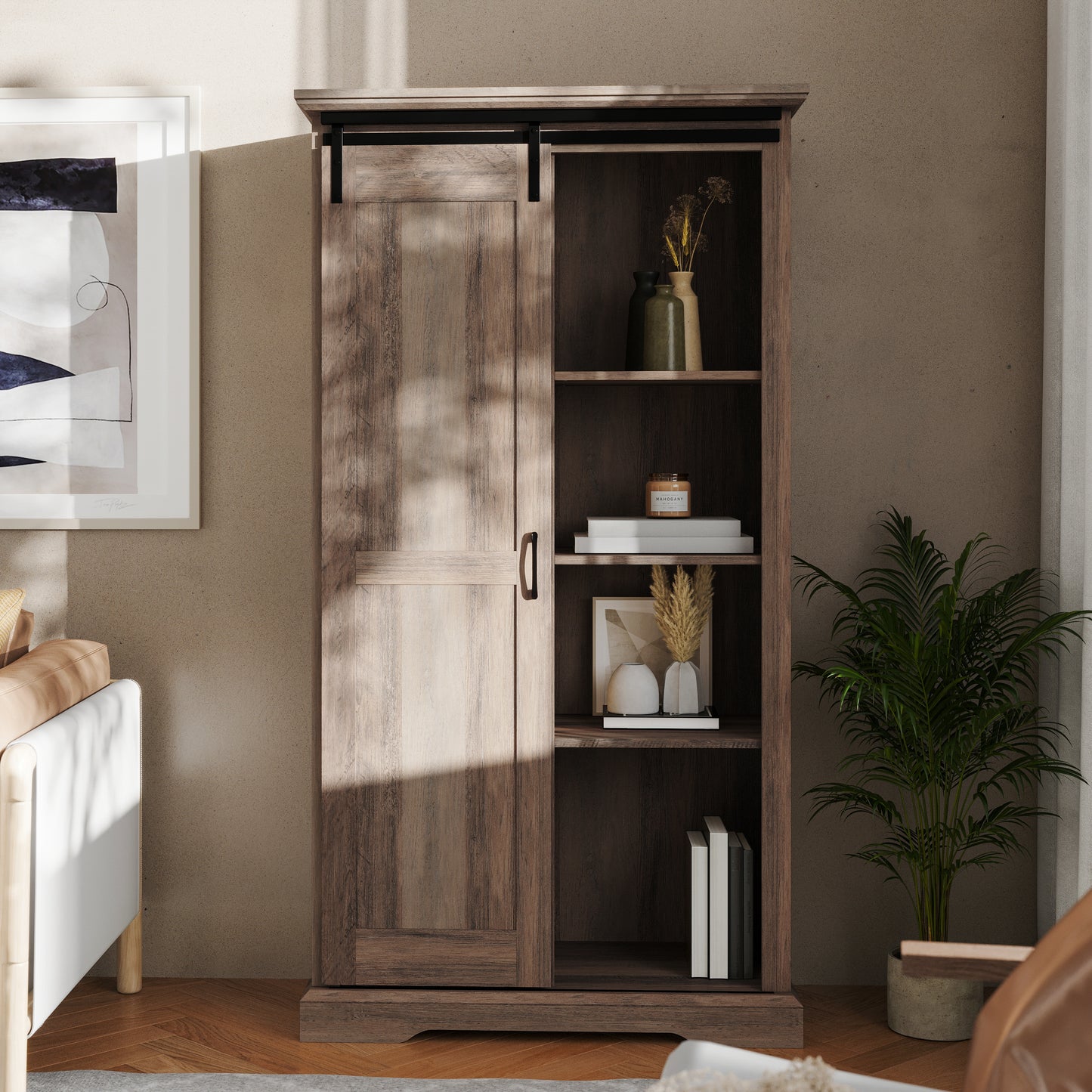 Harrison 36" Wide Rustic Farmhouse Storage Cabinet Bookcase with Sliding Barn Door and 4 Adjustable and 2 Fixed Shelves in Graywash