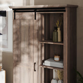 Harrison 36" Wide Rustic Farmhouse Storage Cabinet Bookcase with Sliding Barn Door and 4 Adjustable and 2 Fixed Shelves in Graywash