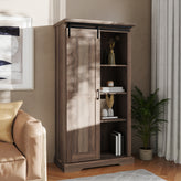 Harrison 36" Wide Rustic Farmhouse Storage Cabinet Bookcase with Sliding Barn Door and 4 Adjustable and 2 Fixed Shelves in Graywash