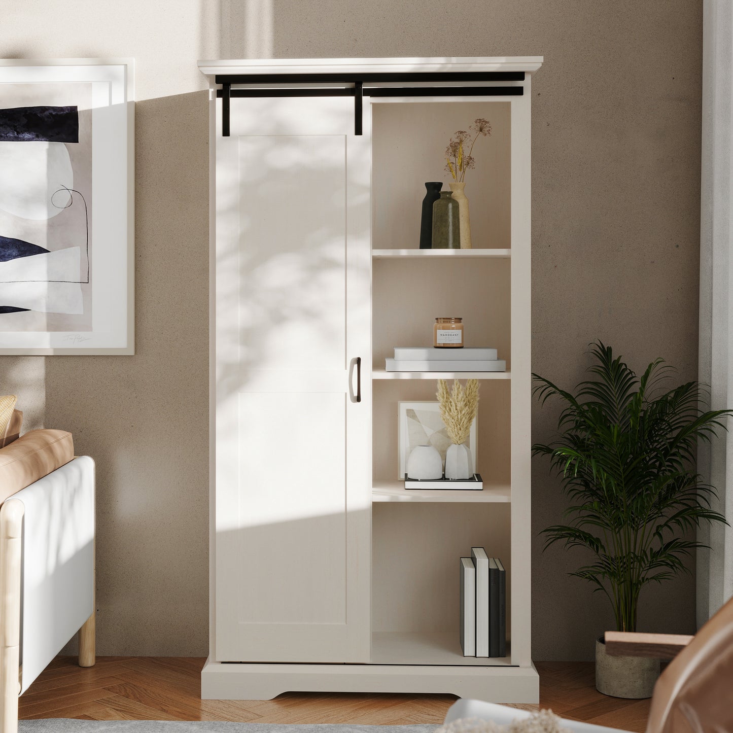 Harrison 36" Wide Rustic Farmhouse Storage Cabinet Bookcase with Sliding Barn Door and 4 Adjustable and 2 Fixed Shelves in White