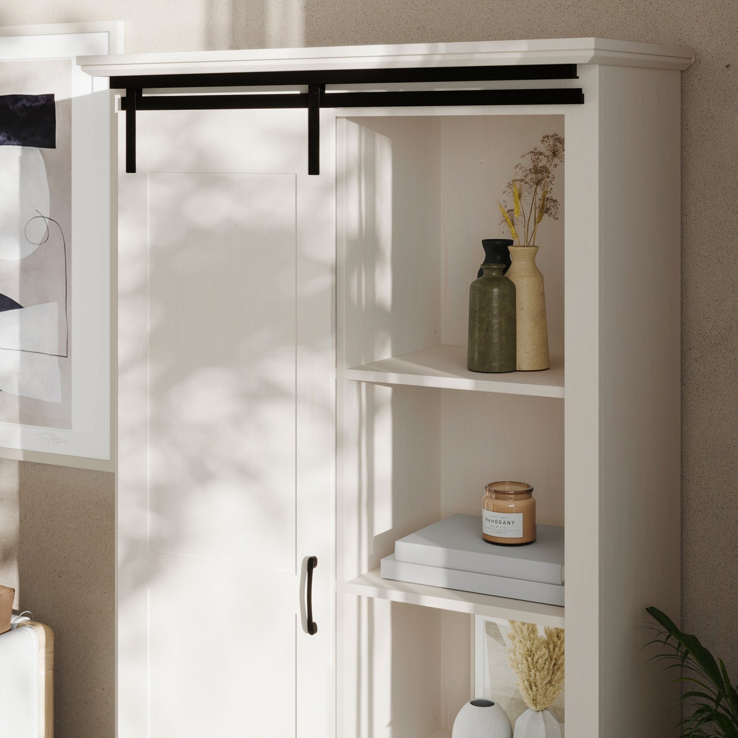 Harrison 36" Wide Rustic Farmhouse Storage Cabinet Bookcase with Sliding Barn Door and 4 Adjustable and 2 Fixed Shelves in White
