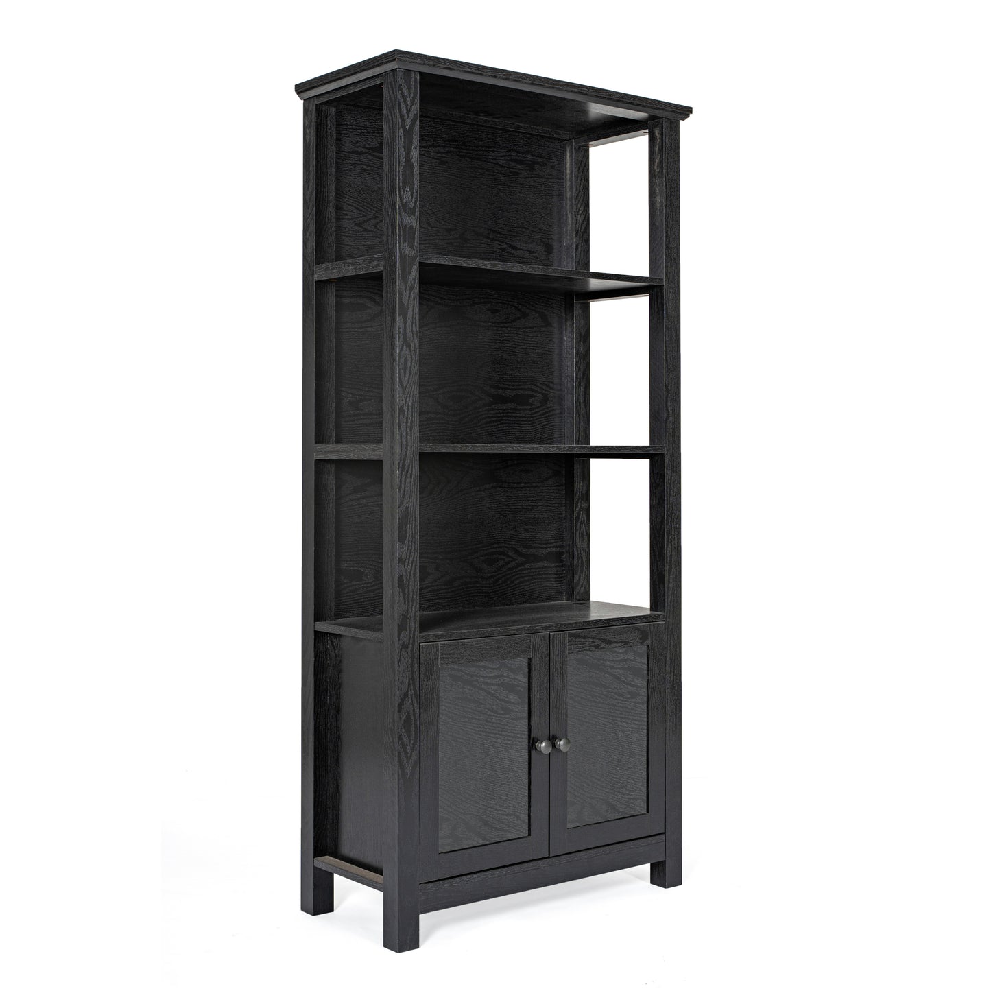 Stella Modern Farmhouse Wooden Bookcase and Storage Cabinet with Tempered Glass Doors and 3 Upper Shelves in Black