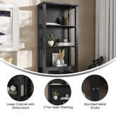 Stella Modern Farmhouse Wooden Bookcase and Storage Cabinet with Tempered Glass Doors and 3 Upper Shelves in Black