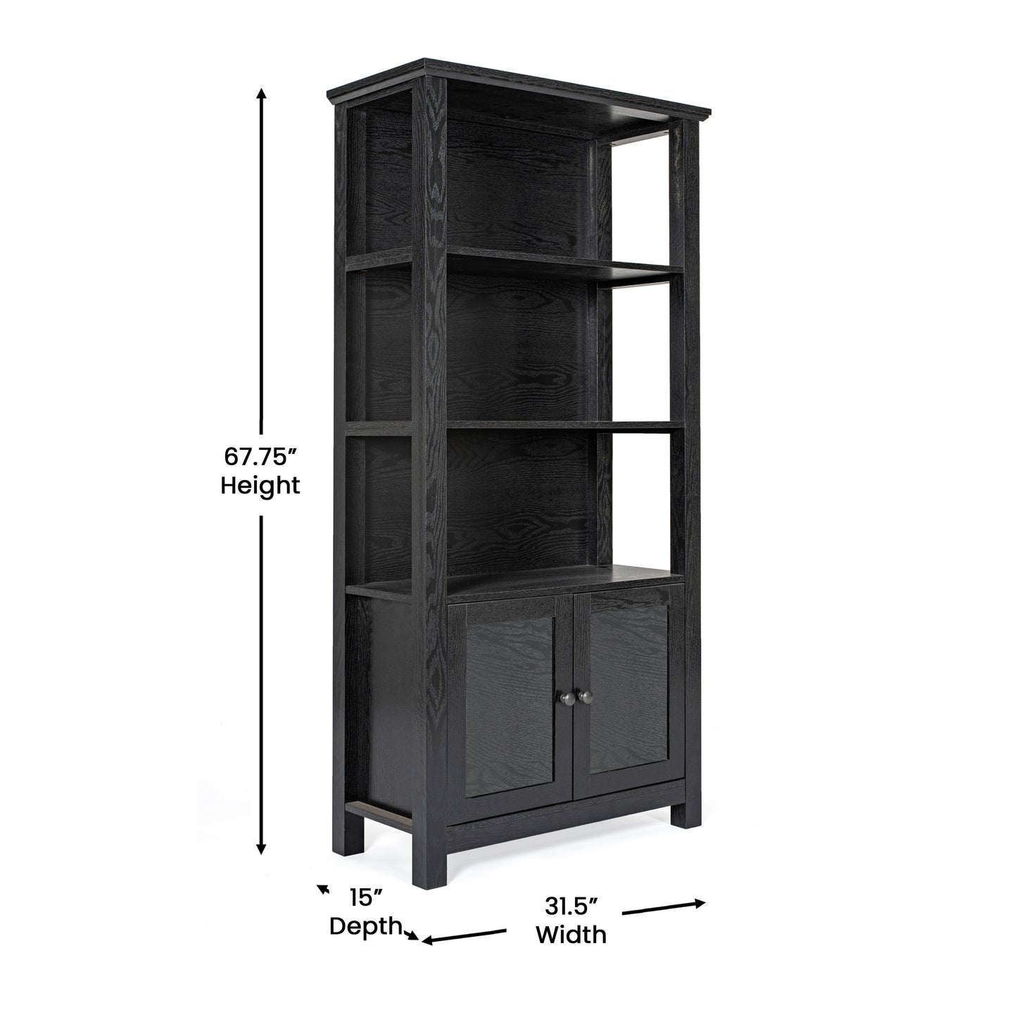 Stella Modern Farmhouse Wooden Bookcase and Storage Cabinet with Tempered Glass Doors and 3 Upper Shelves in Black
