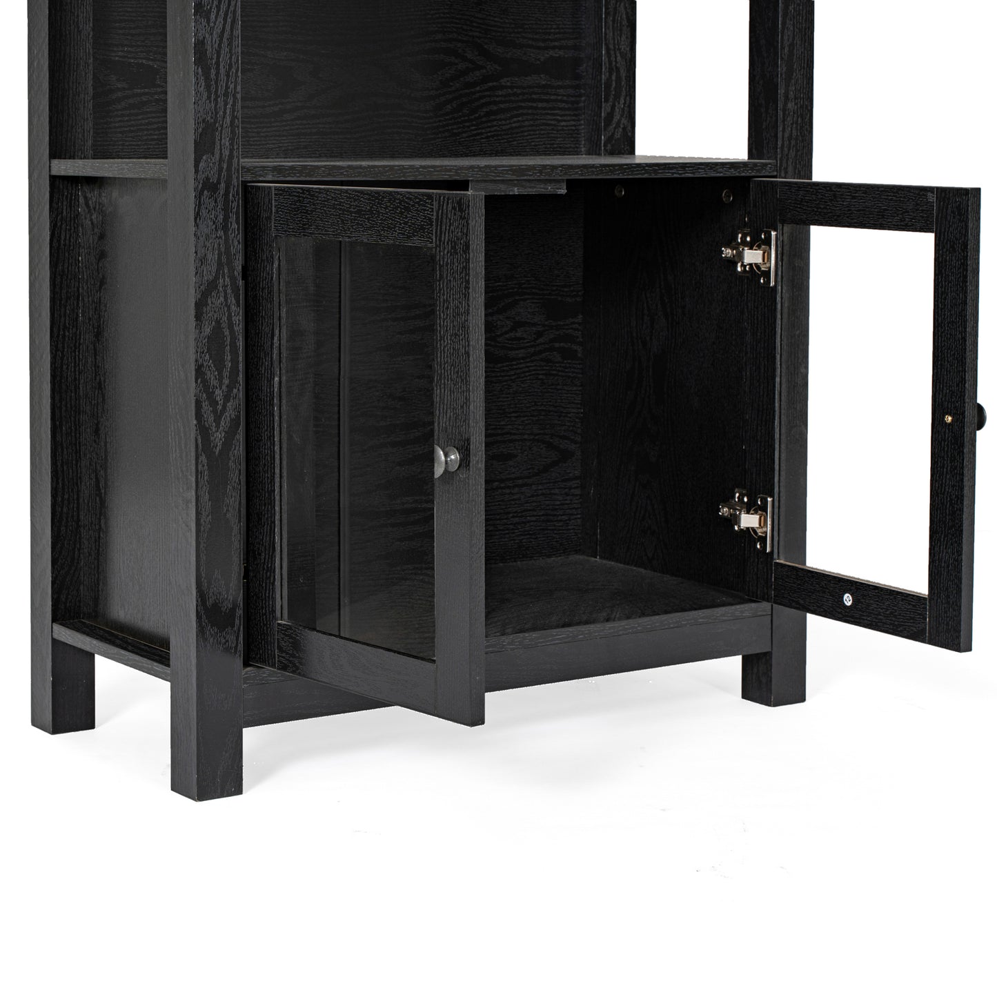 Stella Modern Farmhouse Wooden Bookcase and Storage Cabinet with Tempered Glass Doors and 3 Upper Shelves in Black
