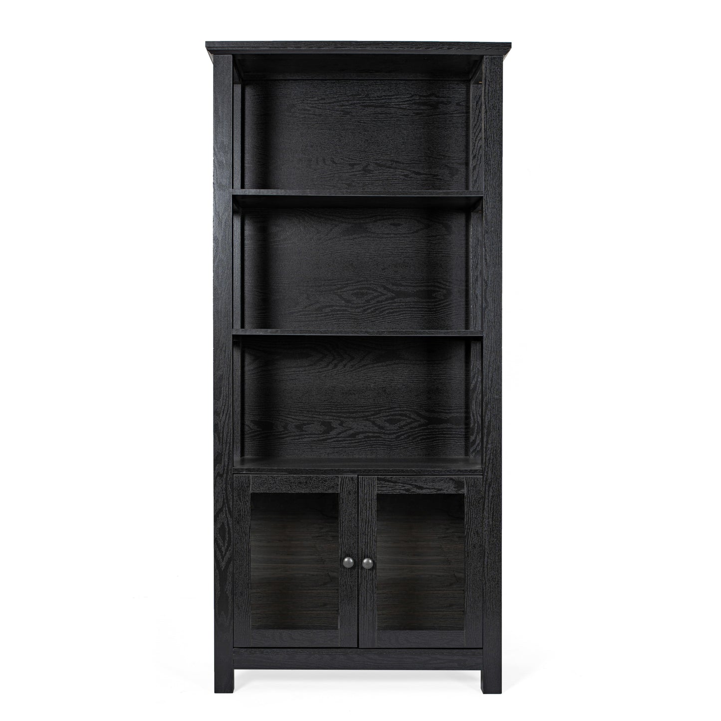 Stella Modern Farmhouse Wooden Bookcase and Storage Cabinet with Tempered Glass Doors and 3 Upper Shelves in Black