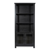 Stella Modern Farmhouse Wooden Bookcase and Storage Cabinet with Tempered Glass Doors and 3 Upper Shelves in Black