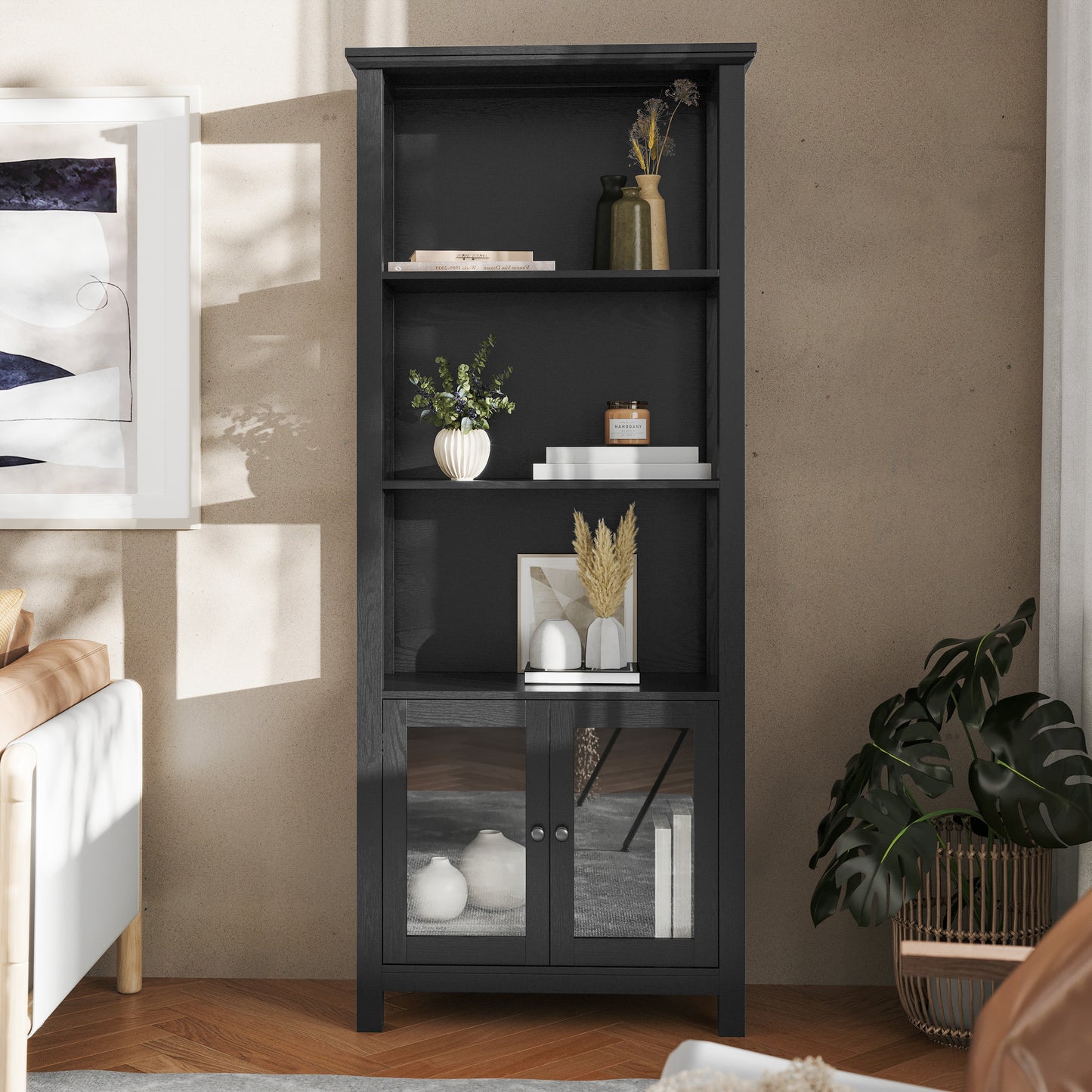 Stella Modern Farmhouse Wooden Bookcase and Storage Cabinet with Tempered Glass Doors and 3 Upper Shelves in Black
