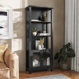 Stella Modern Farmhouse Wooden Bookcase and Storage Cabinet with Tempered Glass Doors and 3 Upper Shelves in Black