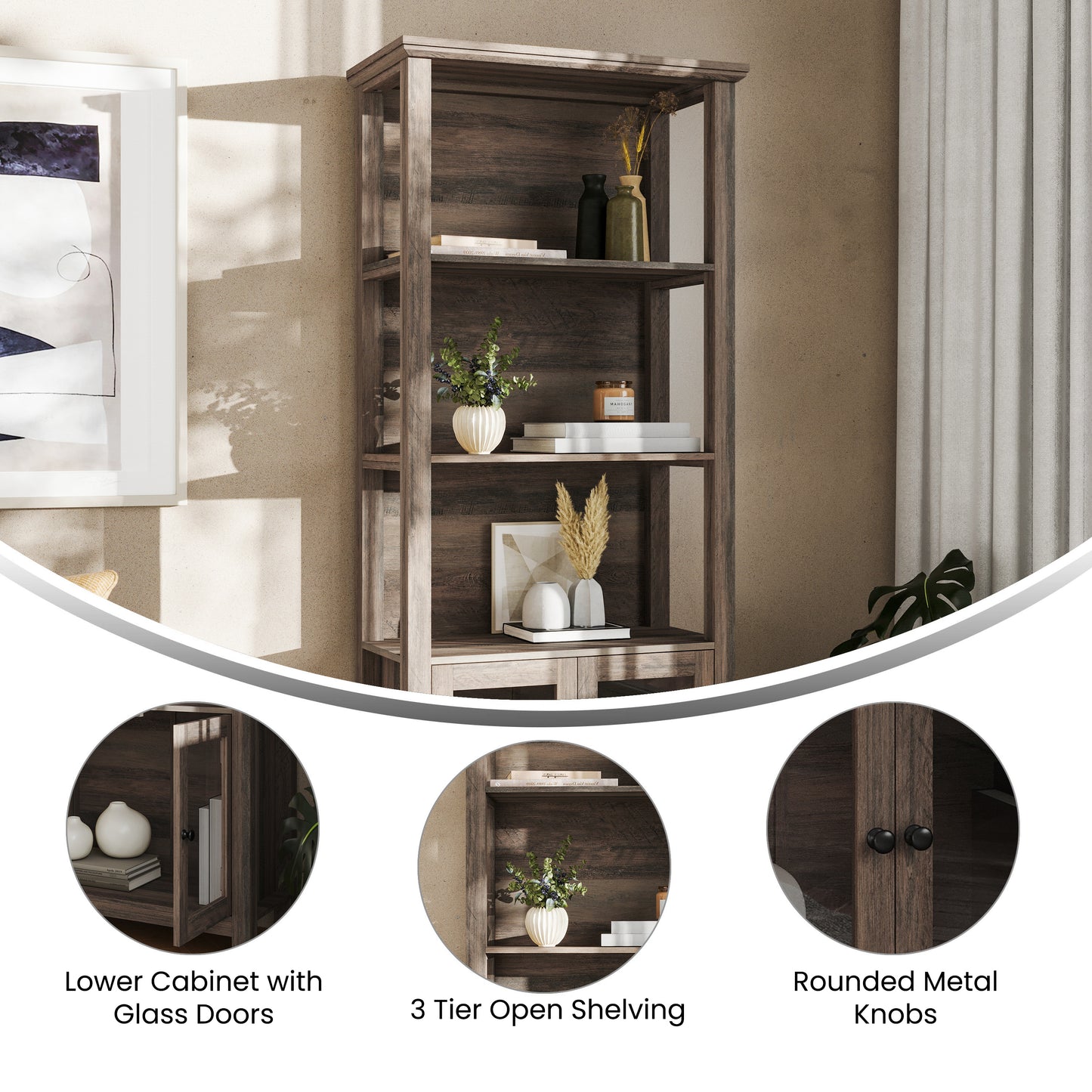 Stella Modern Farmhouse Wooden Bookcase and Storage Cabinet with Tempered Glass Doors and 3 Upper Shelves in Gray Wash