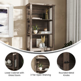 Stella Modern Farmhouse Wooden Bookcase and Storage Cabinet with Tempered Glass Doors and 3 Upper Shelves in Gray Wash
