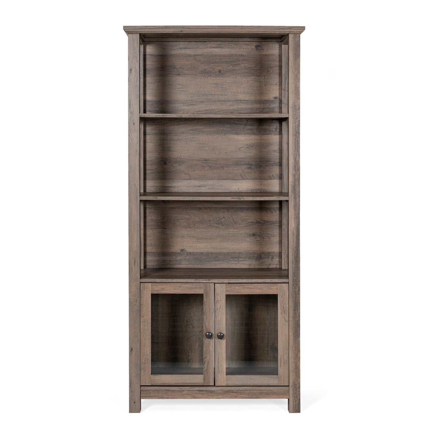 Stella Modern Farmhouse Wooden Bookcase and Storage Cabinet with Tempered Glass Doors and 3 Upper Shelves in Gray Wash