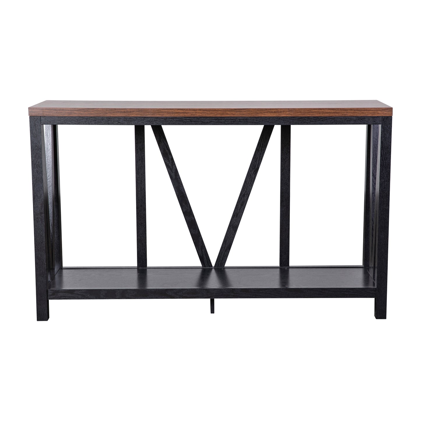 Charlotte Farmhouse 2-Tier Console Accent Table - Black Finish Engineered Wood Frame - Walnut Finish Tabletop - For Entryway or Living Room