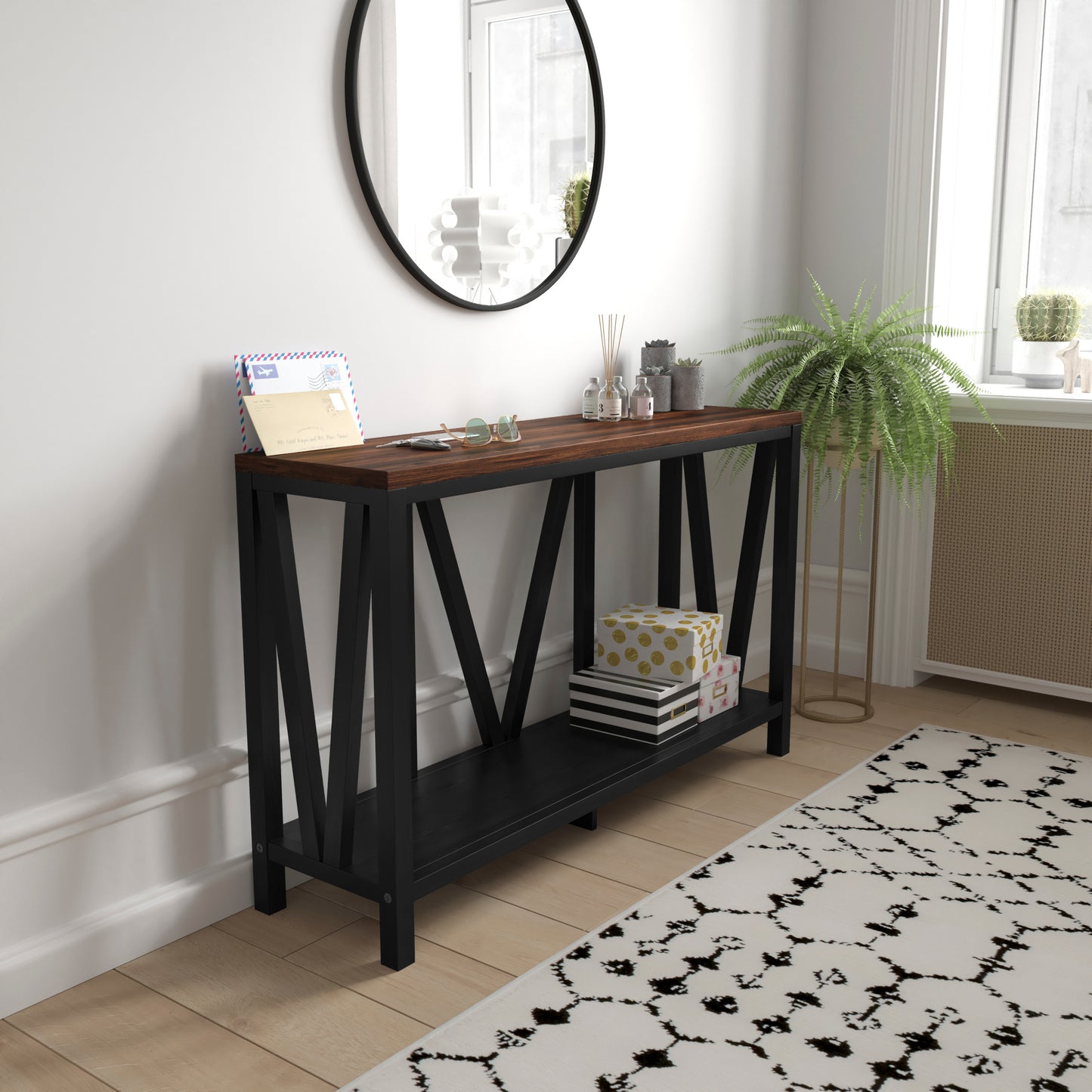 Charlotte Farmhouse 2-Tier Console Accent Table - Black Finish Engineered Wood Frame - Walnut Finish Tabletop - For Entryway or Living Room