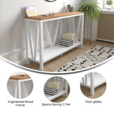 Charlotte Farmhouse 2-Tier Console Accent Table - Brushed White Finish Engineered Wood Frame - Warm Oak Finish Tabletop - For Entryway or Living Room