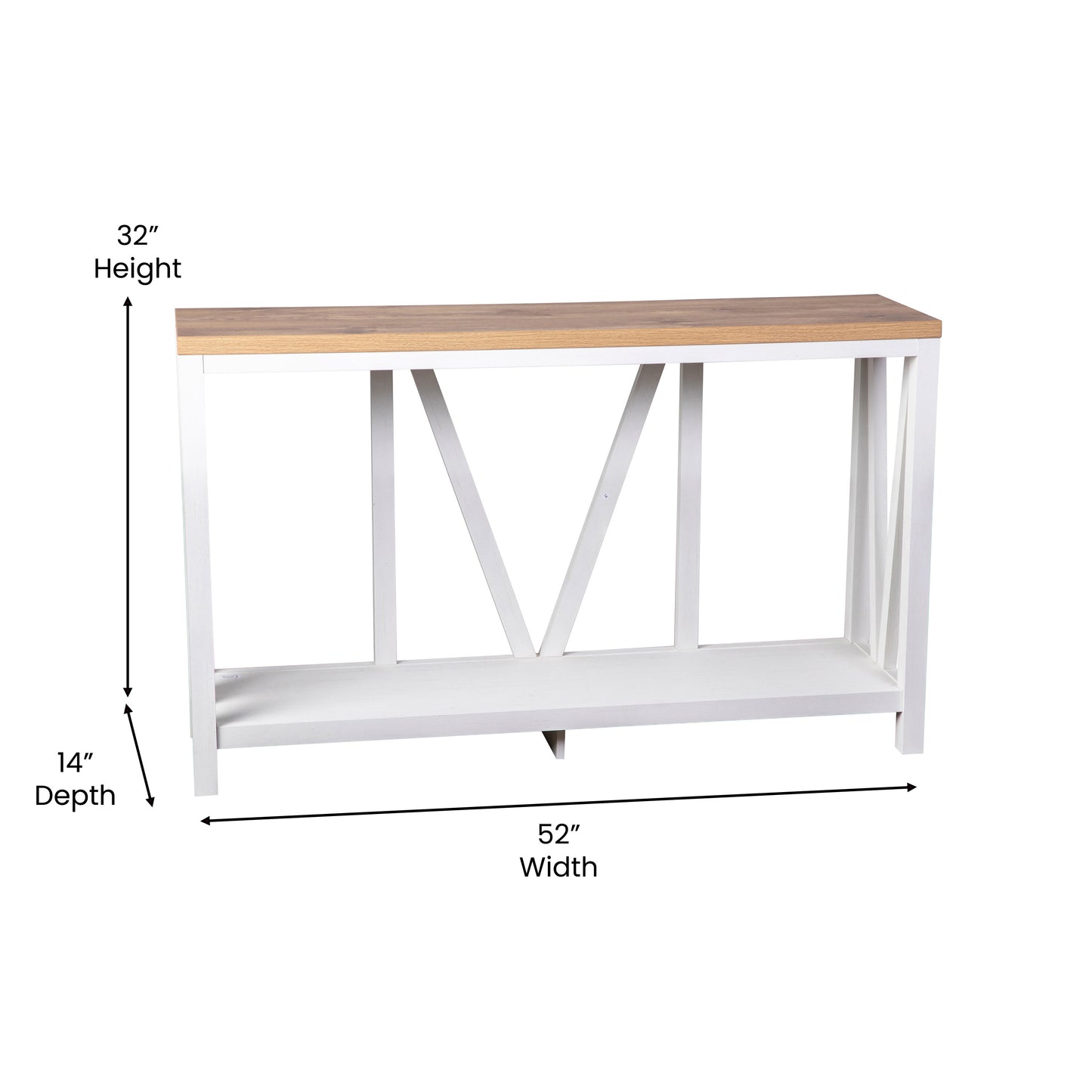 Charlotte Farmhouse 2-Tier Console Accent Table - Brushed White Finish Engineered Wood Frame - Warm Oak Finish Tabletop - For Entryway or Living Room