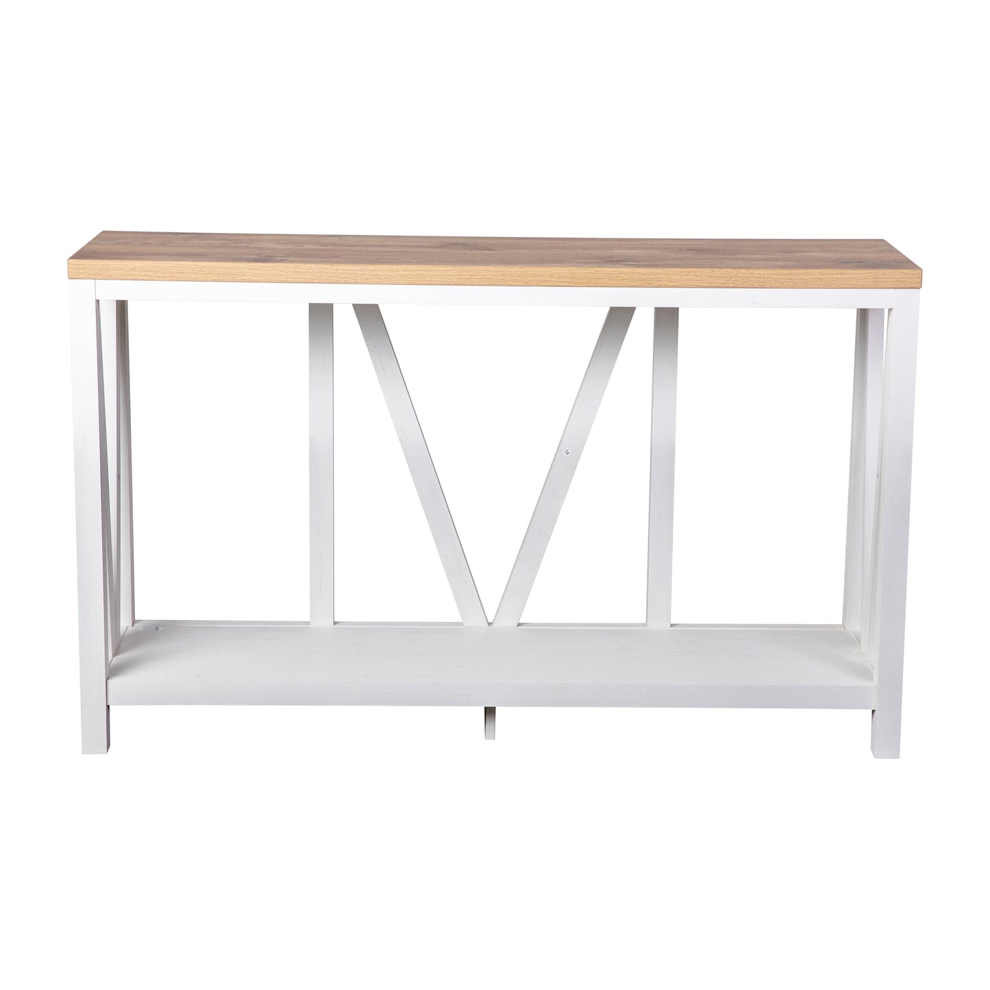 Charlotte Farmhouse 2-Tier Console Accent Table - Brushed White Finish Engineered Wood Frame - Warm Oak Finish Tabletop - For Entryway or Living Room