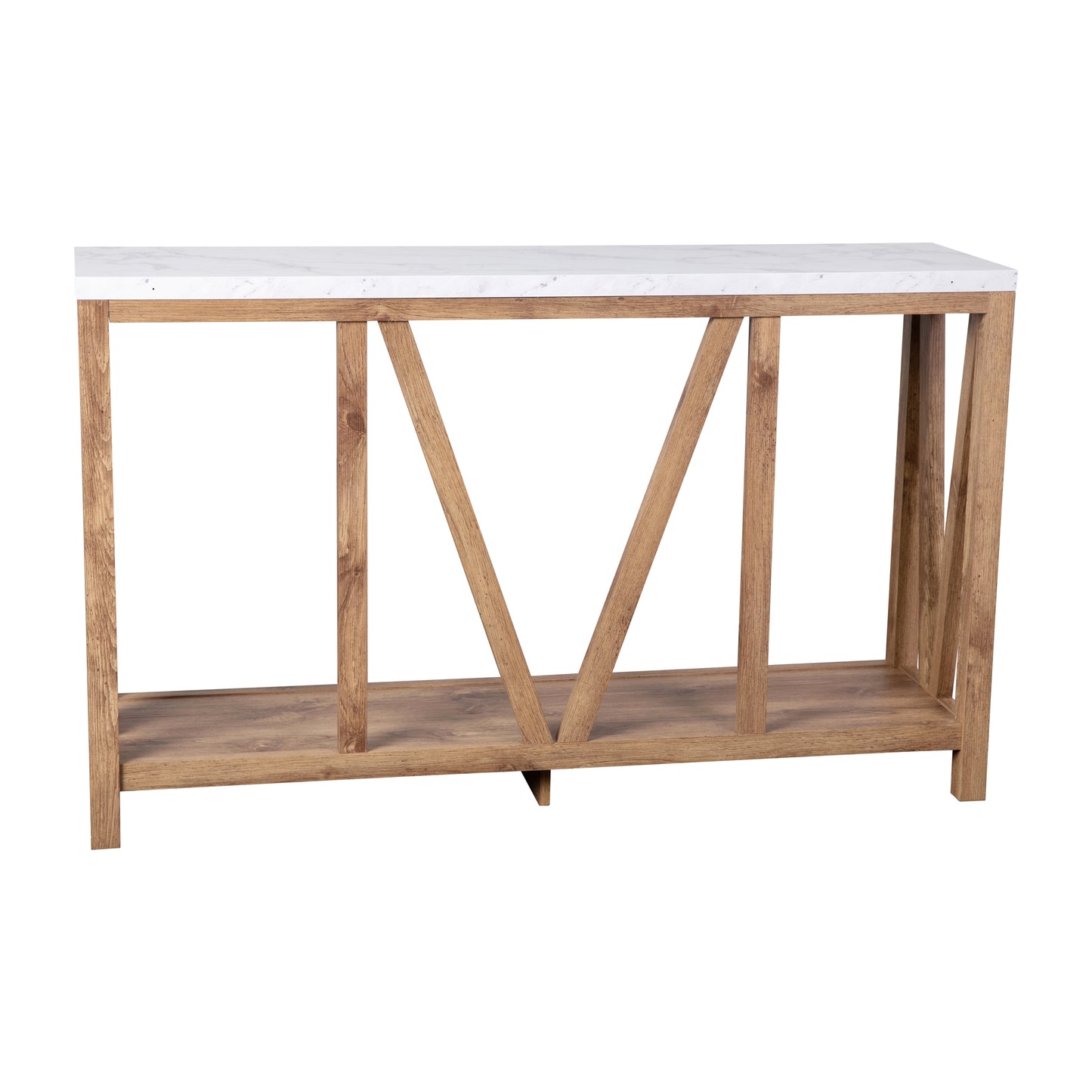 Charlotte Farmhouse 2-Tier Console Accent Table - Warm Oak Finish Engineered Wood Frame - Marble Finish Tabletop - For Entryway or Living Room