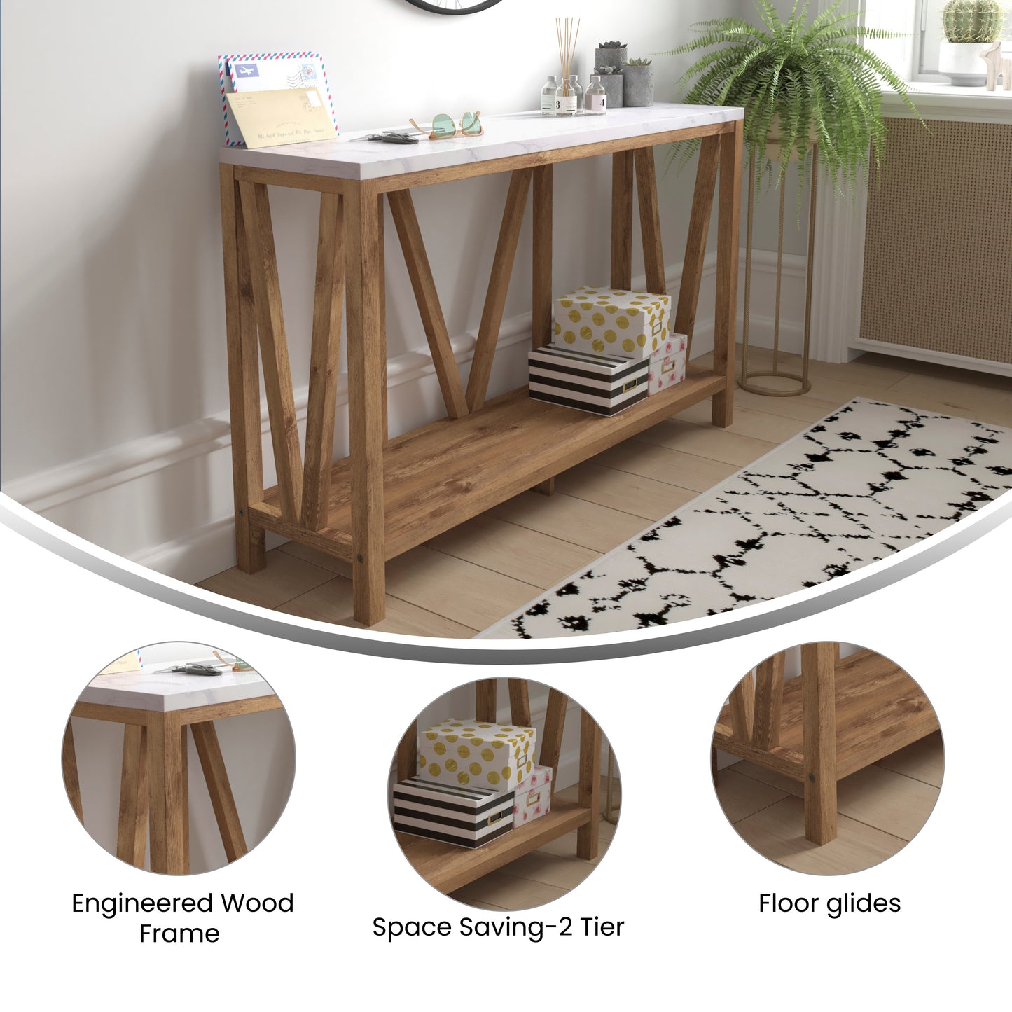 Charlotte Farmhouse 2-Tier Console Accent Table - Warm Oak Finish Engineered Wood Frame - Marble Finish Tabletop - For Entryway or Living Room