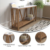 Charlotte Farmhouse 2-Tier Console Accent Table - Warm Oak Finish Engineered Wood Frame - Marble Finish Tabletop - For Entryway or Living Room