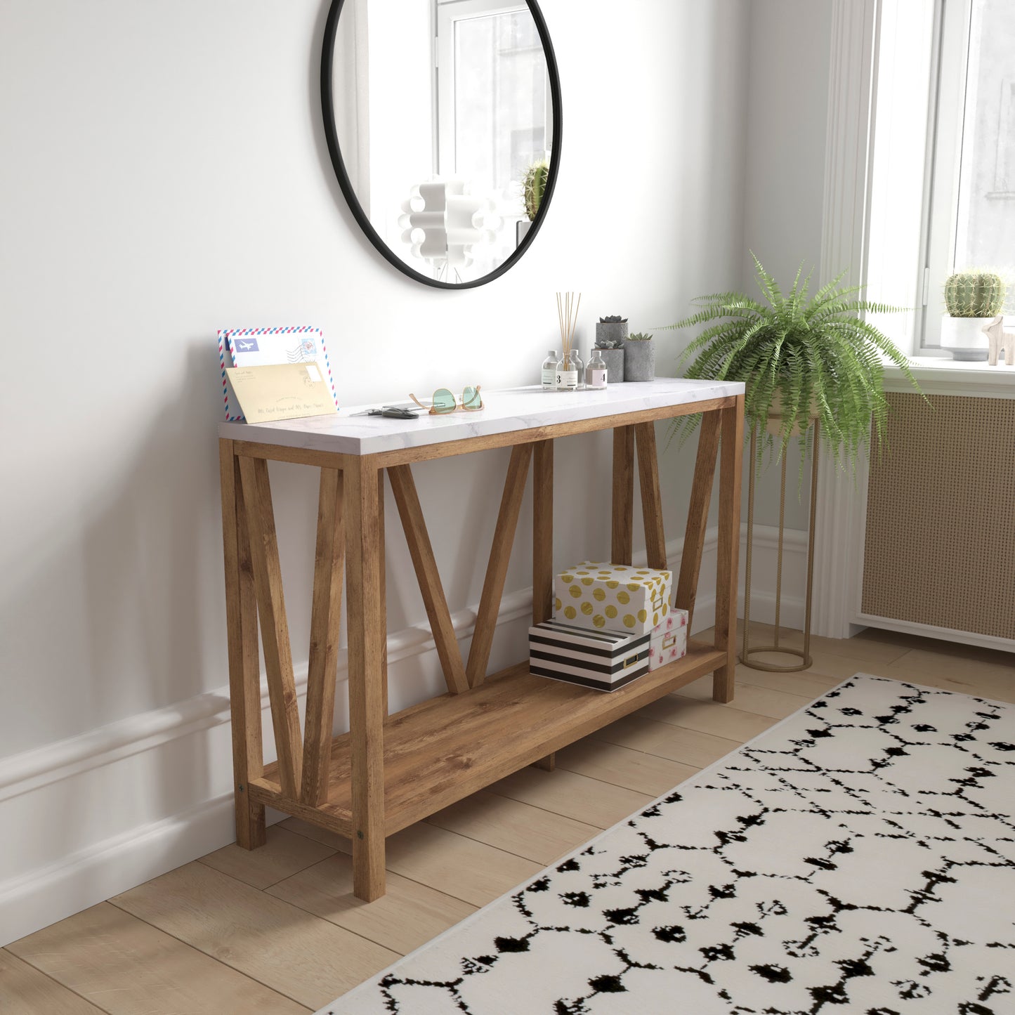 Charlotte Farmhouse 2-Tier Console Accent Table - Warm Oak Finish Engineered Wood Frame - Marble Finish Tabletop - For Entryway or Living Room