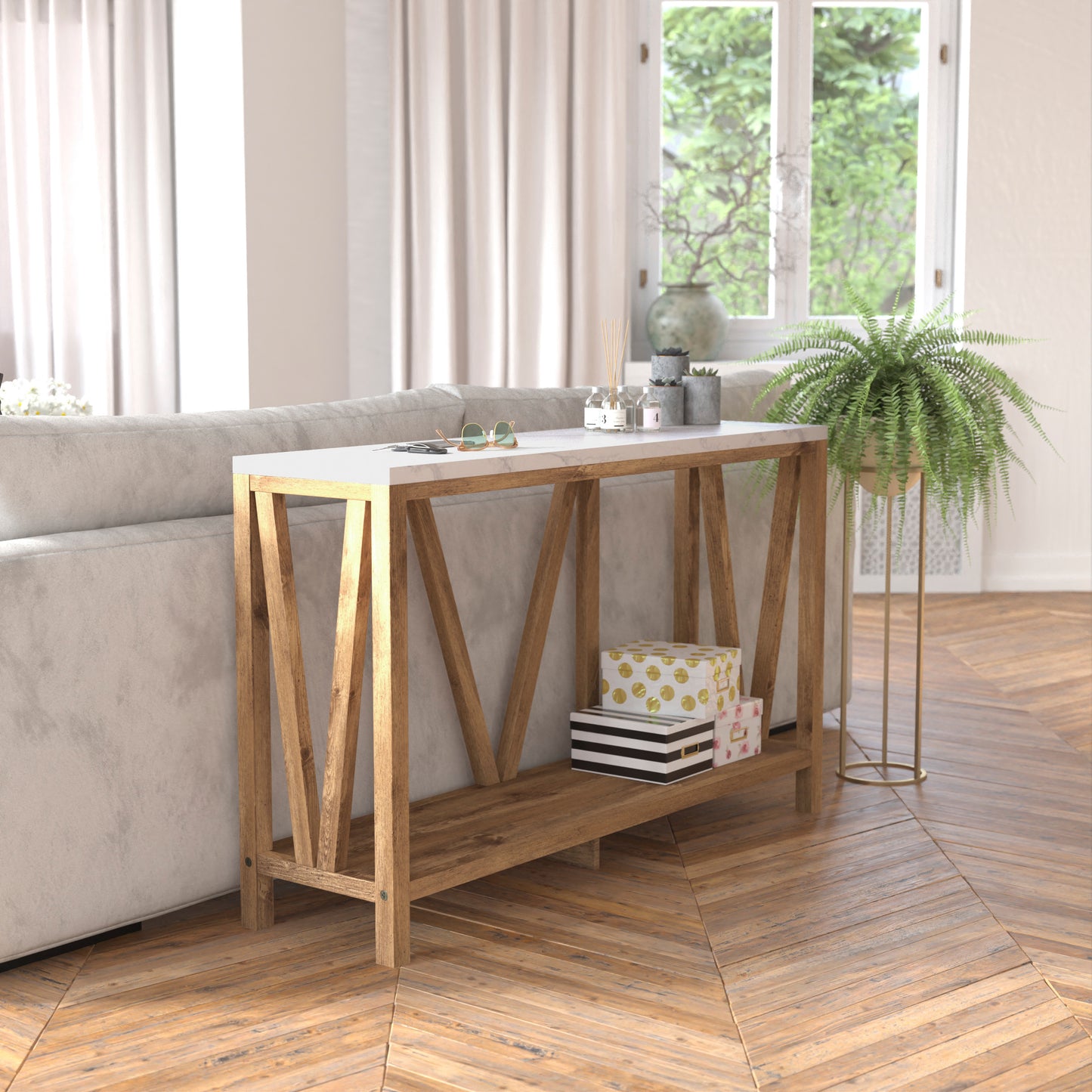 Charlotte Farmhouse 2-Tier Console Accent Table - Warm Oak Finish Engineered Wood Frame - Marble Finish Tabletop - For Entryway or Living Room