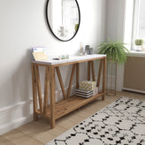 Charlotte Farmhouse 2-Tier Console Accent Table - Warm Oak Finish Engineered Wood Frame - Marble Finish Tabletop - For Entryway or Living Room