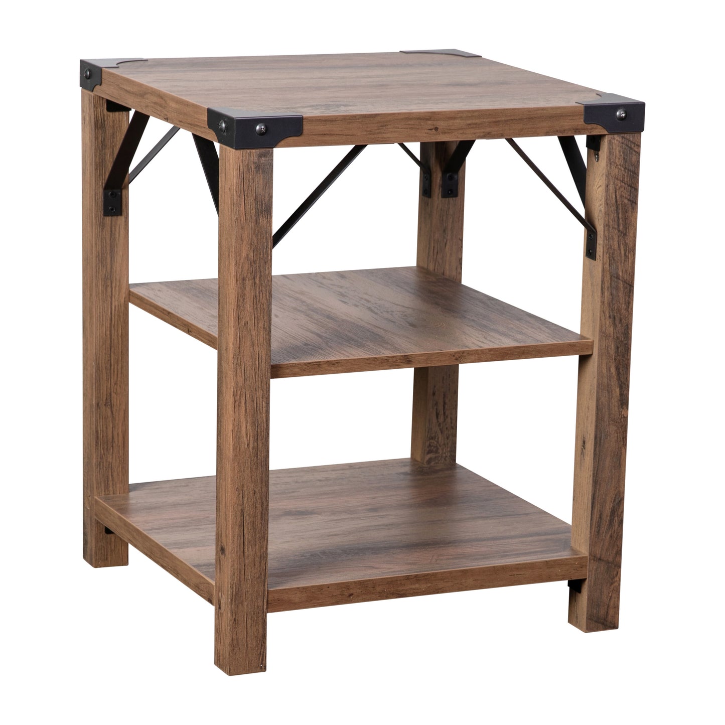 Wyatt Modern Farmhouse Wooden 3 Tier End Table with Black Metal Corner Accents and Cross Bracing, Rustic Oak