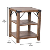 Wyatt Modern Farmhouse Wooden 3 Tier End Table with Black Metal Corner Accents and Cross Bracing, Rustic Oak