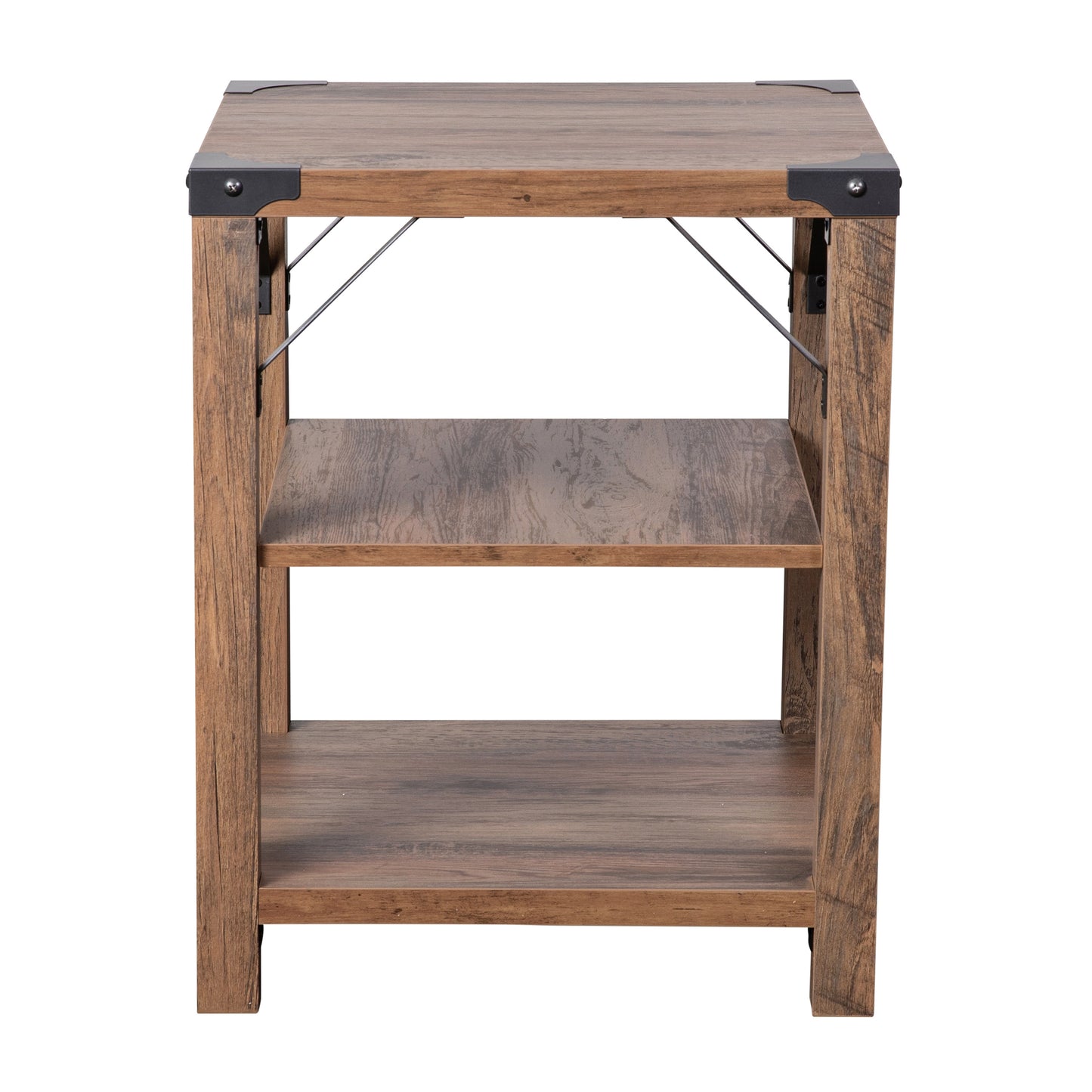 Wyatt Modern Farmhouse Wooden 3 Tier End Table with Black Metal Corner Accents and Cross Bracing, Rustic Oak