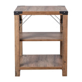Wyatt Modern Farmhouse Wooden 3 Tier End Table with Black Metal Corner Accents and Cross Bracing, Rustic Oak